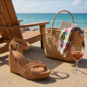 Women Camel Light Brown Cognac Ankle Strap Classic Wooden Wedge Sandals SZ 10 M